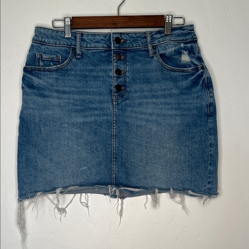 Old Navy Denim Mini Skirt Button Fly Frayed Hem Blue Size 12